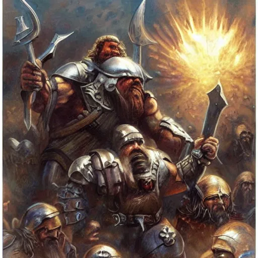 Image similar to Dwarven iron guard fighting a troll. lotr. Epic painting by james gurney.