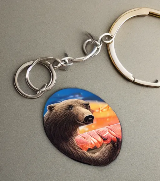 Image similar to realistic keychain of a bear eating a salmon under the northern lights