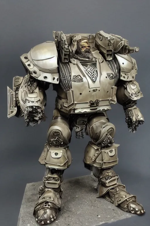 Image similar to a bearded man in bulky mech armor that looks too big for his head. highly detailed, intricate. hyper realistic.