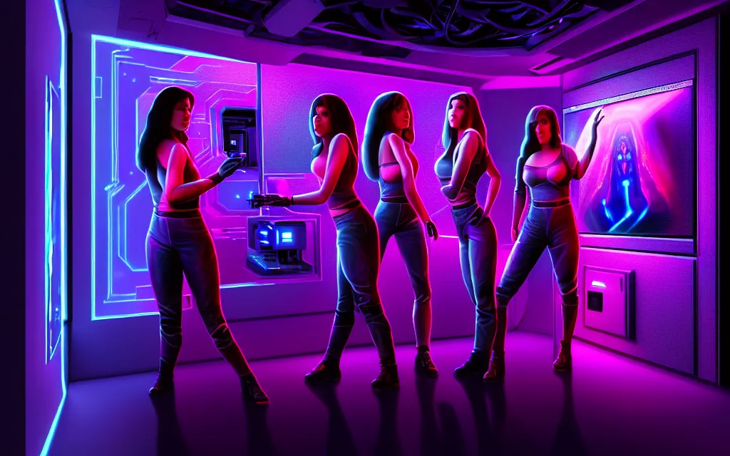 Prompt: Ladies in holograms of alien artifacts, wiring and cables all over the walls with plasma monitors, total recall tech, , ultrarealistic, dramatic lighting, electrical details, high details, 4k, 8k, best, accurate, fine detail, microscopic detail, trending on artstation, artstation, photorealism, ultrarealistic, digital painting, style of Peter Mohrbacher, Caravaggio, Boris Vallejo