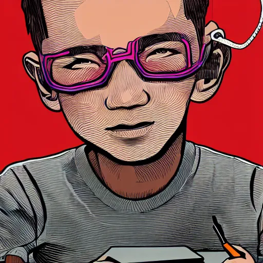 Prompt: illustration of a boy connected to his laptop with hundreds of wires, highly detailed, cel shading, by butcher billy, cgsociety, mcbess, rutkowski, james jean, 8 k, photorealistic