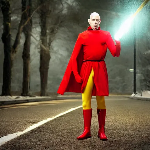 Image similar to anime baldy man with long - sleeved light - yellow shirt, red gloves, red boots and avery white cape