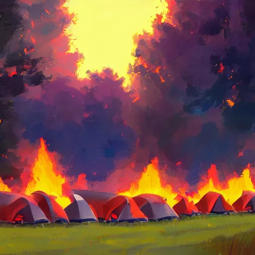 Image similar to a camp with tents on fire, burning down, shadows of girls watching the camp burn, painted by Sylvain Sarrailh