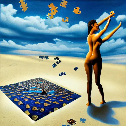 Prompt: A surreal oil painting of a puzzle containing a beautiful woman on a desert beach with scattered puzzle pieces by Salvador Dali, dark vibes, high contrast, cinematic, depth of field