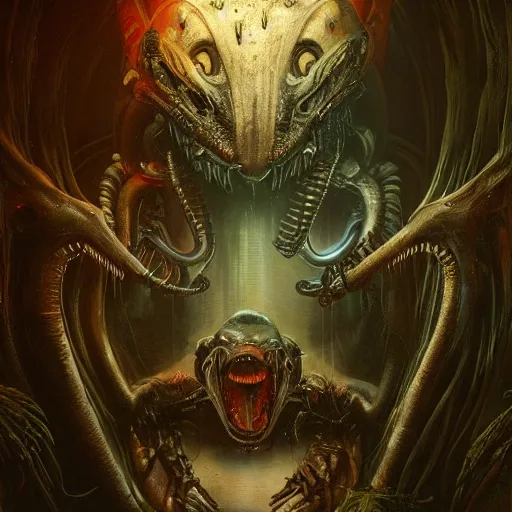 Image similar to mickey mouse xenomorph chimera lurking in dark room, wet dripping, mickey mouse ears, designed by h. r. giger, highly intricate detailed 8 k ultrarealistic octane render by artgerm and rutkowski and beksinski and mucha