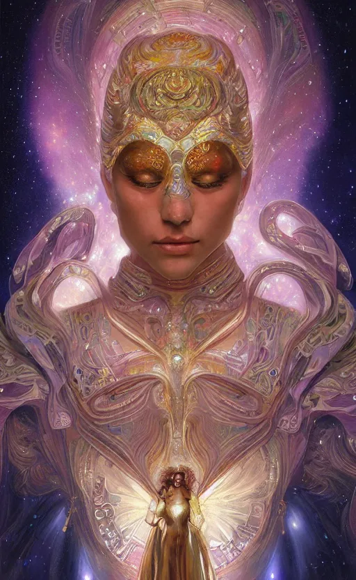 Image similar to portrait of a cosmic goddess, suit made out of stars and galaxies and cosmic energy, intricate, headshot, highly detailed, digital painting, artstation, concept art, sharp focus, cinematic lighting, illustration, art by artgerm and greg rutkowski, alphonse mucha, cgsociety