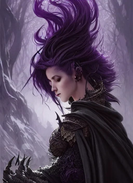 Image similar to award winning book cover, side portrait dark witch, adventurer outfit large cloak, fantasy forest landscape, dragon scales, fantasy magic, undercut hairstyle, short purple black fade hair, dark light night, intricate, elegant, sharp focus, illustration, highly detailed, digital painting, concept art, matte, art by WLOP and Artgerm and Greg Rutkowski and Alphonse Mucha, masterpiece