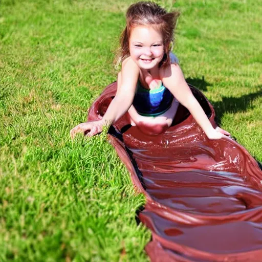 Image similar to adult sliding down chocolate pudding slip n slide legs first, professional photo taken at the park