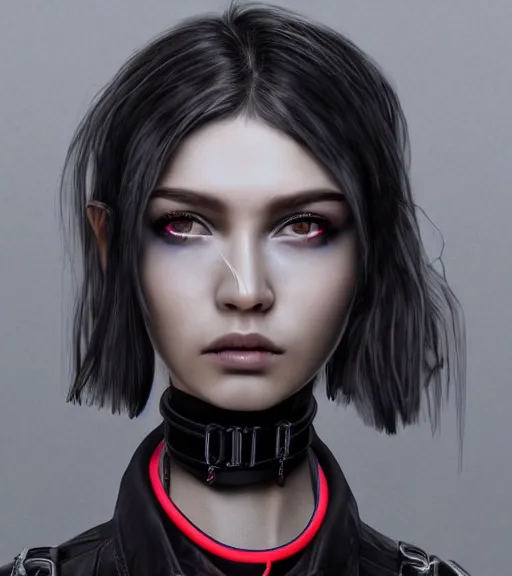 Prompt: detailed realistic female character cyberpunk wearing thick steel collar around neck, realistic, art, beautiful, 4K, collar, choker, collar around neck, punk, artstation, detailed, female, woman, choker, cyberpunk, neon, punk, collar, choker, collar around neck, ((thick collar)), tight around neck, punk,