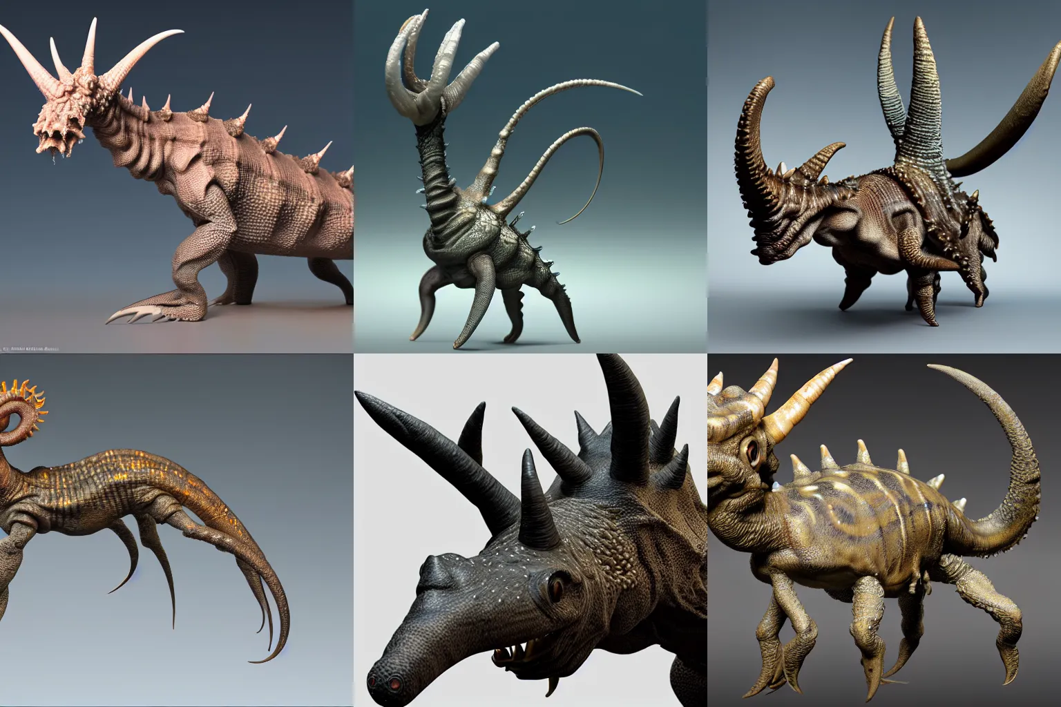 Prompt: incredibly realistic, too detailed sculpture, Styracosaurus squid, made of lab tissue, carbon fibers, real pearls, jellyfish gelatin, rendered in Maya, bump mapping, macro image, global illumination, 8k, bokeh