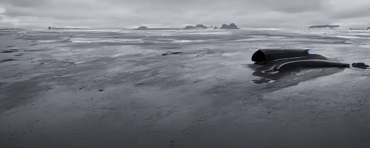 Image similar to cinematic shot of giant symmetrical futuristic military spacecraft in the middle of an endless black sand beach in iceland with icebergs in the distance,, 2 8 mm