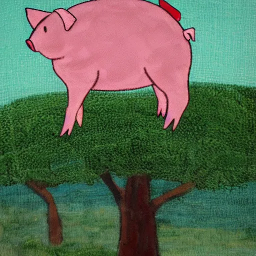 Image similar to pig on a hill next to a tree, style from aoshima chiho