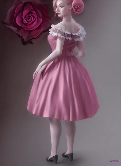 Prompt: oil painting, costume design, pink rose lolita dress, 3 d, render by maya, hyper realistic