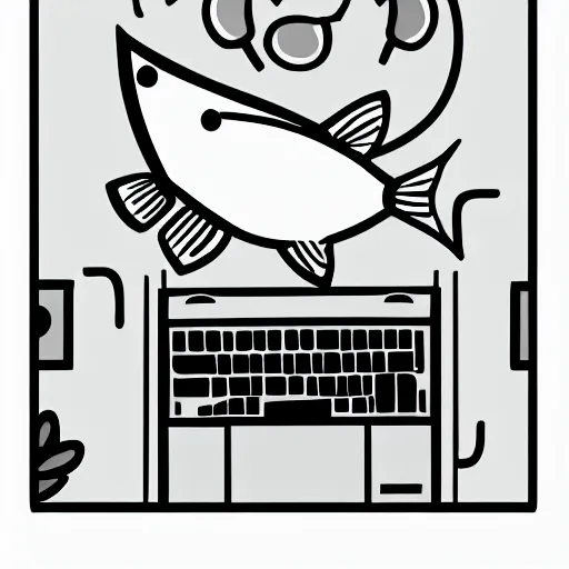 Prompt: worried humanoid fish sitting in front of a computer, black and white, adobe illustrator art