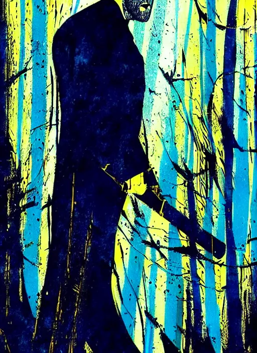 Image similar to horror art, jason statham vampire hunter, blue and gold trees in the background, art by jock