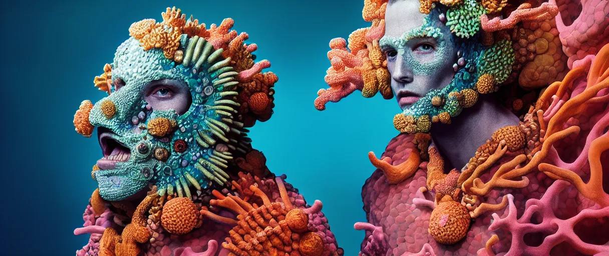 Image similar to hyperrealist highly detailed english medieval portrait of high fashion monster wearing reef armor, radiating atomic neon corals, concept art pascal blanche dramatic studio lighting 8k wide angle shallow depth of field