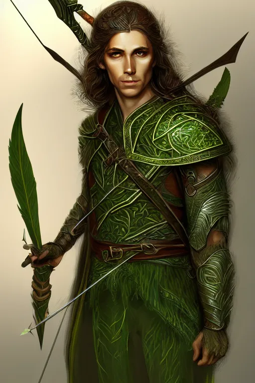 Image similar to male elven Archer armor made of green leaves, fantasy, amber eyes, face, long hair, intricate, elegant, highly detailed, digital painting, artstation, concept art, smooth, sharp focus, illustration