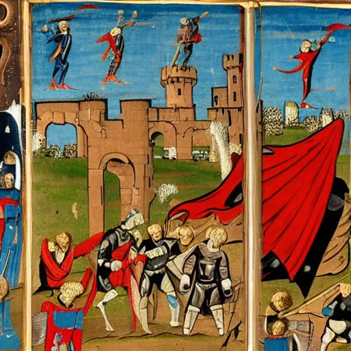 Prompt: medieval painting of superheroes fighting a giant robot near a castle