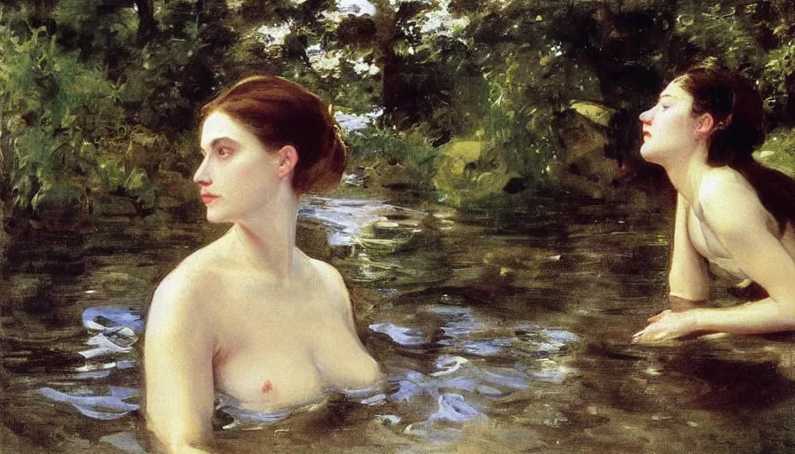 Image similar to artwork painting of a woman looking into the water, there are figures under the water looking by eugene von guerard, ivan shishkin, john singer sargent