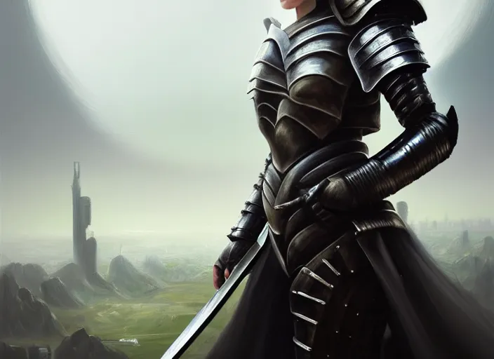 Image similar to landscape of a future city, a young english woman between the ages of 2 0 - 2 5 years, wearing armor and pointing a dagger, wearing a face full of anger. fine art, modern realism, sharp focus, good lighting, trending on artstation, trending on tiktok, smooth drawing, elegant, authoritative, without anomalies.