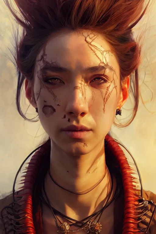 Image similar to A masterpiece portrait of a Incredibly beautiful queer Syberian post apocalyptic shaman girl . medium shot, intricate, elegant, highly detailed. trending on artstation, digital art, by Stanley Artgerm Lau, WLOP, Rossdraws, James Jean, Andrei Riabovitchev, Marc Simonetti, Yoshitaka Amano