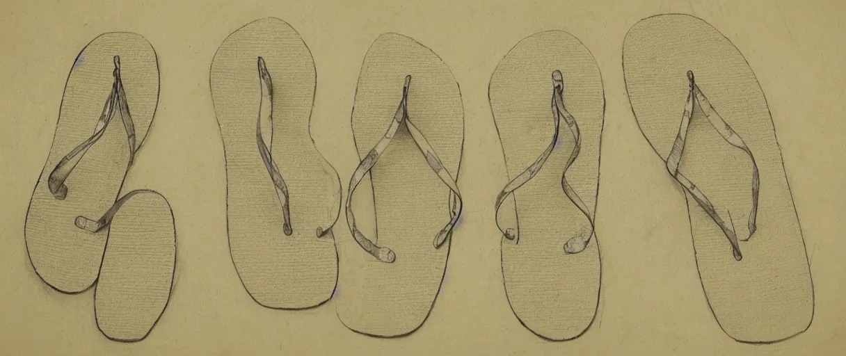 Prompt: detailed blueprint sketches of flip flops, by leonardo davinci, on yellow paper, worn, pencil, sketch