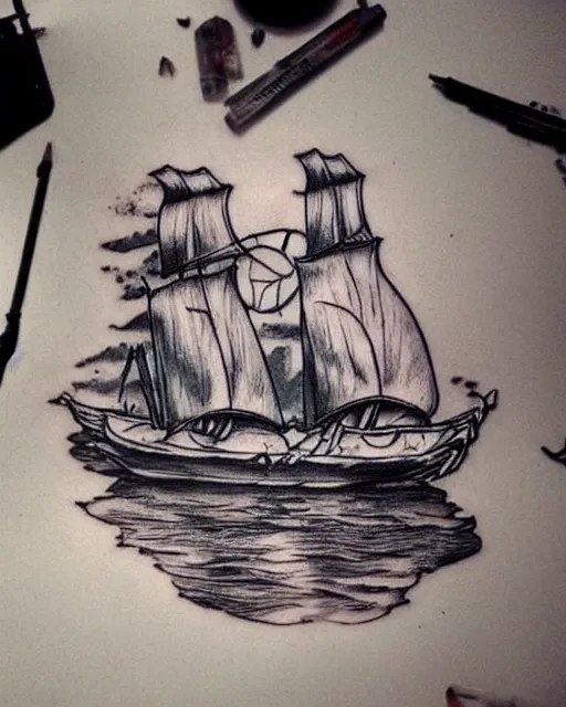 Image similar to pirate ship on a deserted island, realism tattoo drawing, hyper realistic, shaded