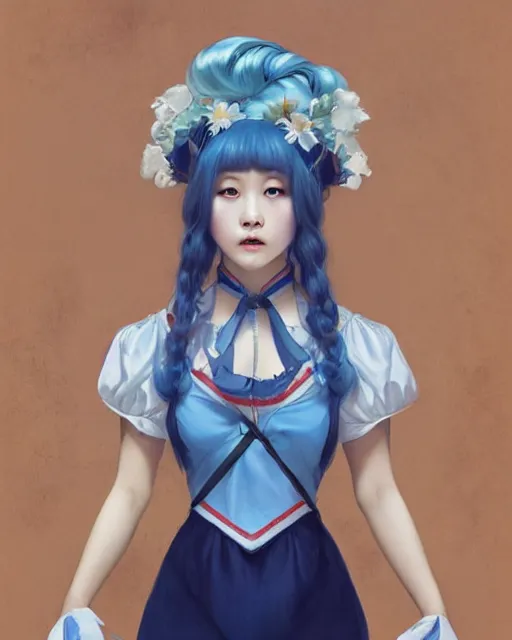 Image similar to symmetrical portrait of a pretty korean girl with blue hair dressed as a french maid digital painting, 8 k, concept art, art by wlop, artgerm, greg rutkowski and alphonse mucha