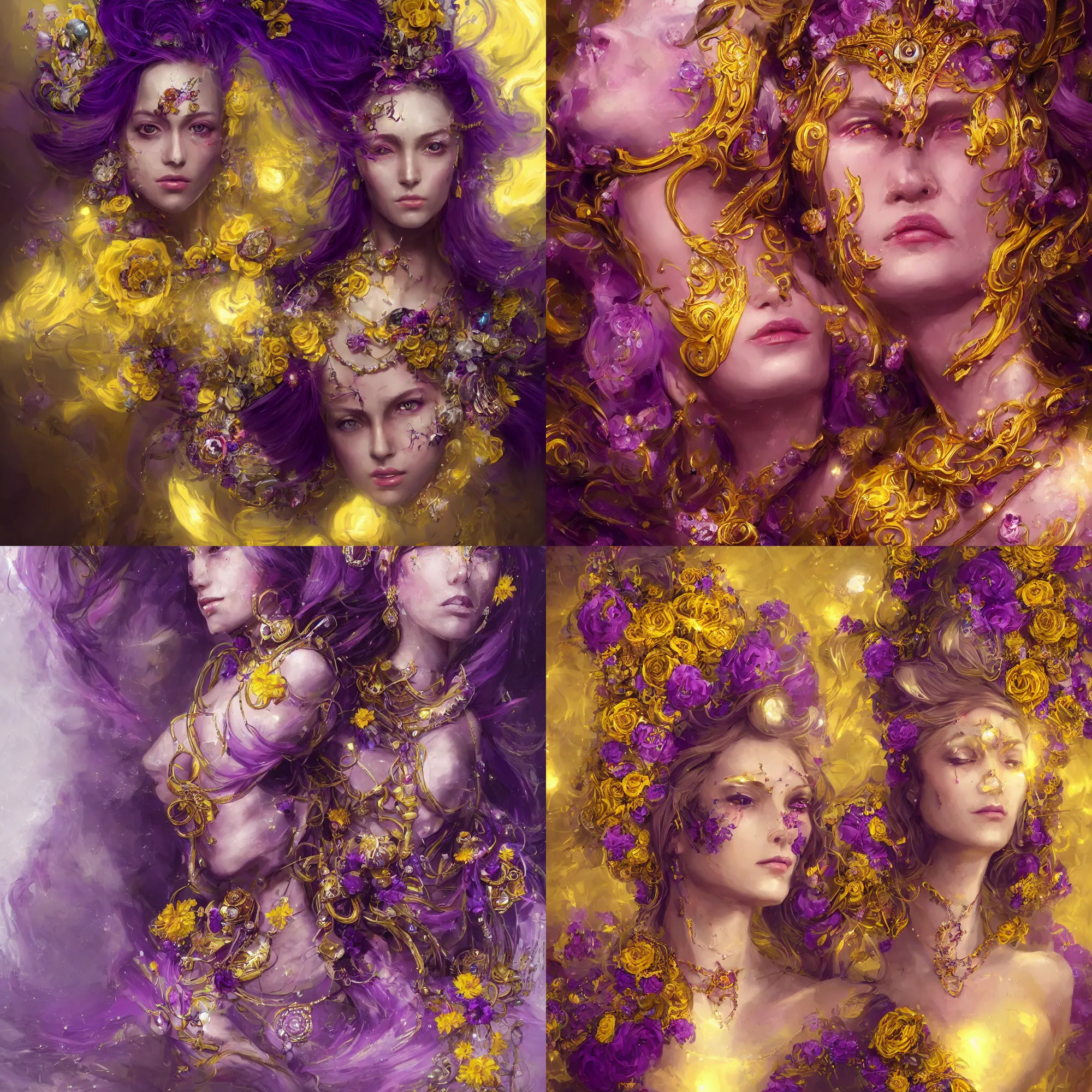 Image similar to realistic character concept, the empress with lots of jewelry and yellow and purple flowers in the face, elegant pose, scifi, illustration, slender symmetrical face and body, artstation, cinematic lighting, hyperdetailed, 8 k, high resolution, charlie bowater, frans smit, insanely detailed and intricate, elegant, dark fractal background, vfx, art deco, postprocessing