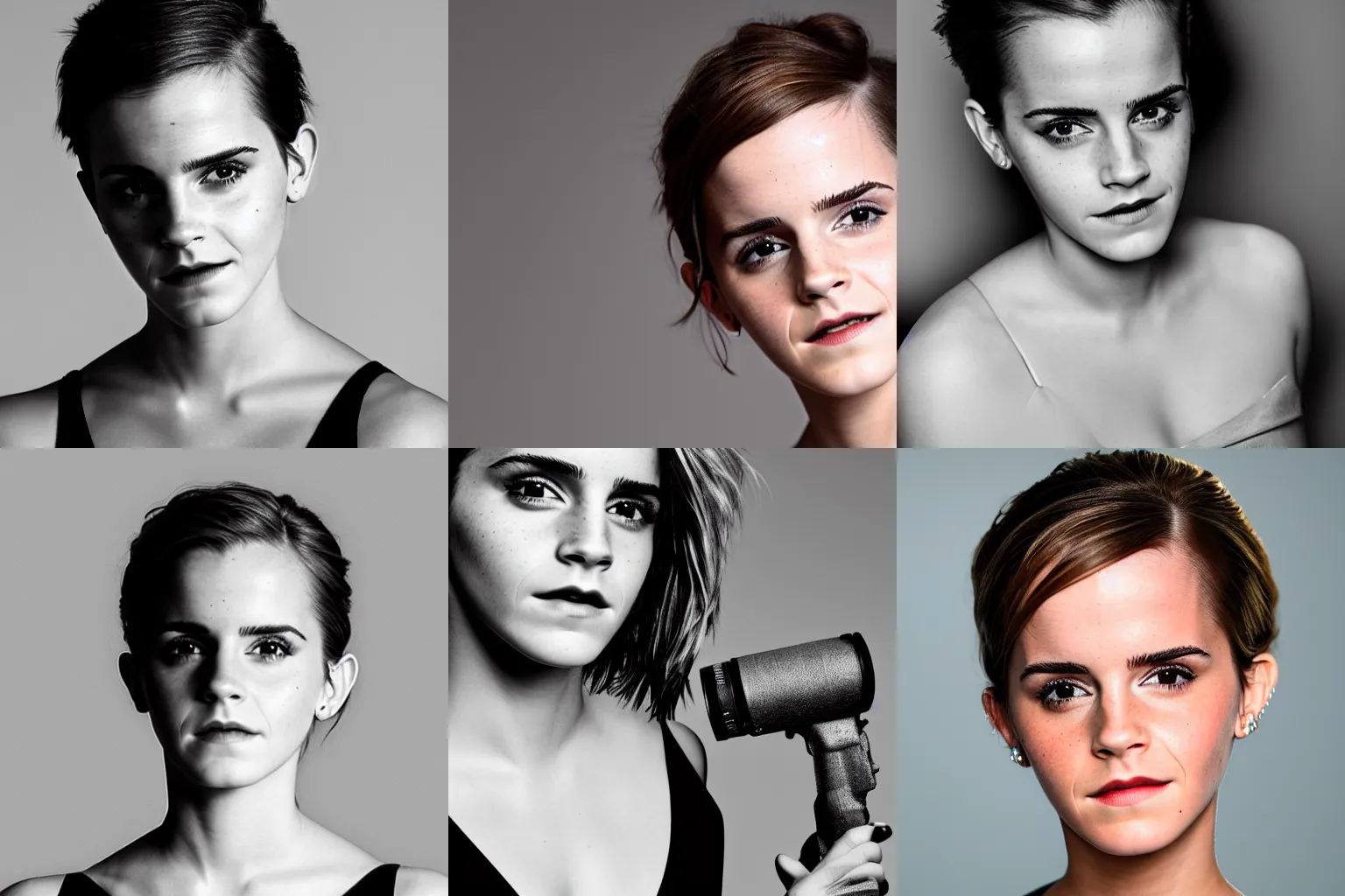 Prompt: Emma Watson with a mohawk, headshot, 200mm, canon, f5.6