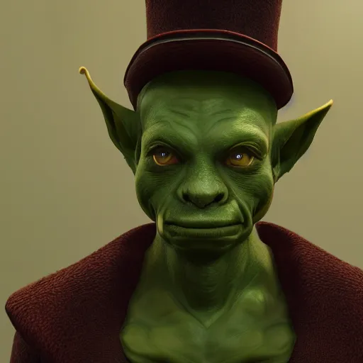 Image similar to medium portrait of a goblin, green skin, high collar, fashionable jacket, ffxiv, final fantasy 1 4 screenshot, octane render, 8 k, fantasy, rule of thirds, sharp focus