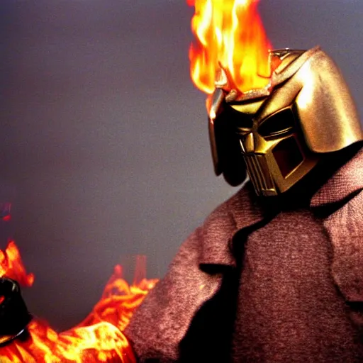 Image similar to cinematic film still MF Doom starring as a Samurai holding fire, Japanese CGI, VFX, 2003, 40mm lens, shallow depth of field,film photography