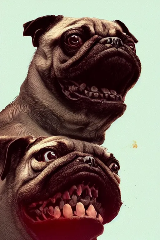 Prompt: demon pug eating flesh. art by mike winkelmann, sticker, illustration, highly detailed, artstation