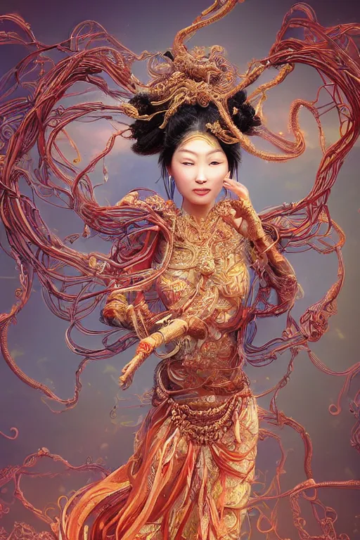 Image similar to an immaculate render of a dancing chinese goddess adorned with leaves and cables and bird wings, dancing in a temple surrounded by wild tentacles made from mandalas and incense smoke, full body, perfect face, powerful, cinematic, beautifully lit, by artgerm, by karol bak, by android jones, 3 d, trending on artstation, octane render, 8 k