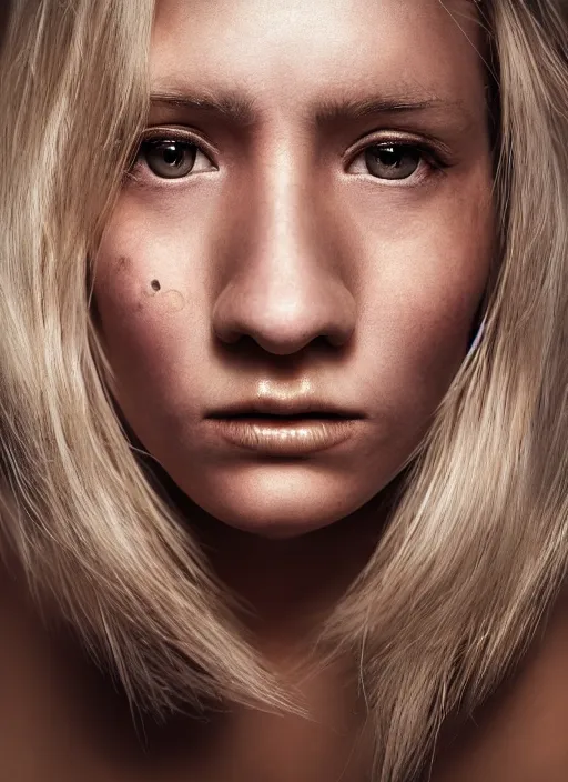 Prompt: FujiGFX 100S, medium format, 8K, highly detailed, photographic extreme close-up face of a beautiful woman with blond hair , Low key lighting, photographed by Erwin Olaf , high quality,high contrast ,complementary colors ,photo-realistic.