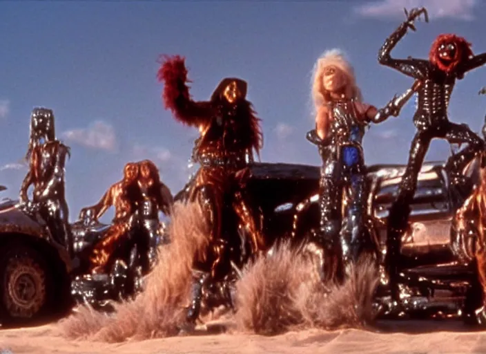 Image similar to scene from the 1 9 8 5 science fiction film muppet mad max beyond thunderdome