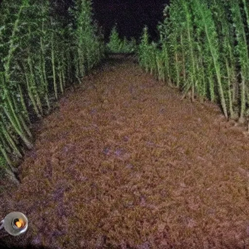 Image similar to nighttime trail cam footage, several floating corn cobs, ominous