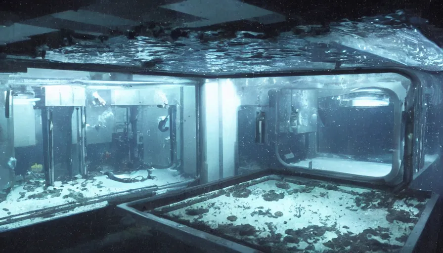 Prompt: Big budget horror movie, exterior view of an underwater biolab, deep in the ocean, dark and gloomy