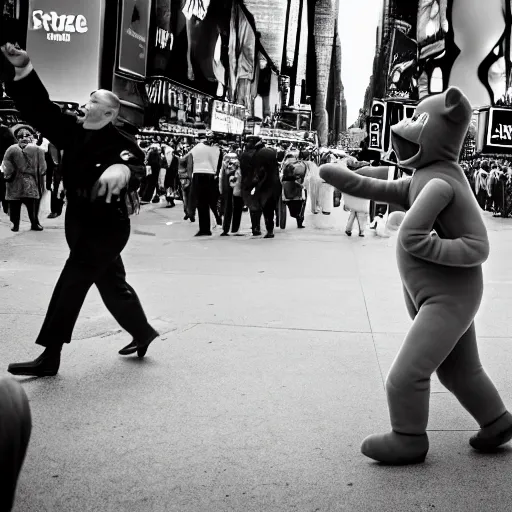 Image similar to An award winning photo, of a Teletubby, in the act of brutally curb stomping a man dressed in a Nazi uniform, in Time Square, NYC. 85mm lens, f1.8.