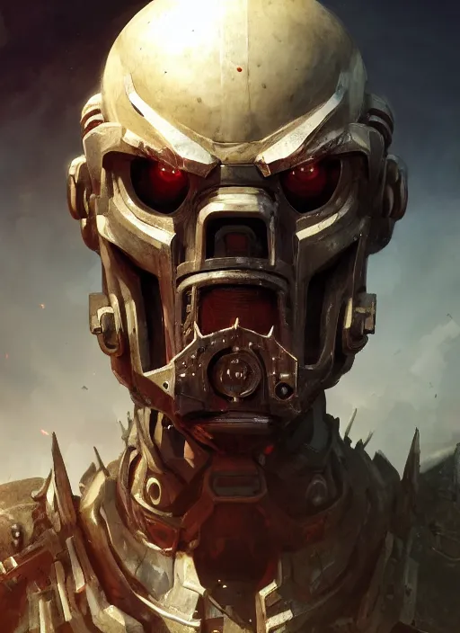 Image similar to hyper realistic portrait of battle warhammer android head, cinematic, chaos marine, artstation, cgsociety, full head, greg rutkowski, james gurney, mignola, craig mullins, brom