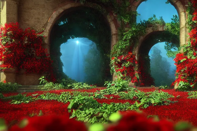 Prompt: broken arches leading to the pillars of eternity draped with red flowers and vines, blue sky, lens flare, a sense of mystery, cinematic, ultra detailed, intricate, sharp focus, trending on artstation, film still by Pixar’s Up (2009), 8K