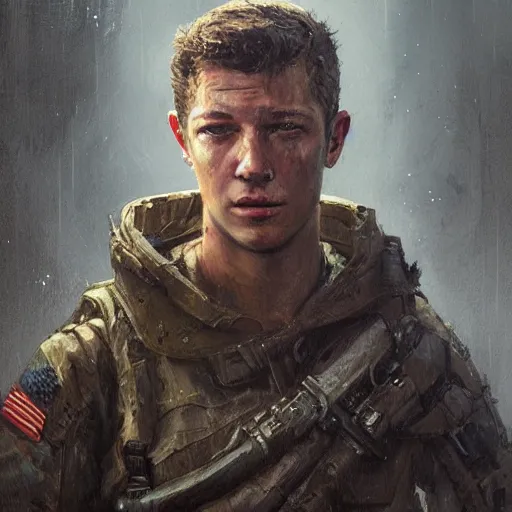 Image similar to portrait of a man by greg rutkowski, tye sheridan as a colonial marine, from aliens franchise, he is about 2 0 years old, military composure, wearing tactical gear of the colonial marines, highly detailed portrait, digital painting, artstation, concept art, smooth, sharp foccus ilustration, artstation hq