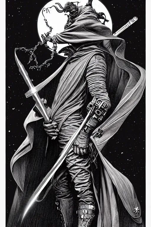 Prompt: side view of a cloaked ancient alchemist steampunk wizard holding a wand, high details, lineart, by vincent di fate and joe fenton,, inking, screen print, masterpiece, trending on artstation, sharp, high contrast, hyper - detailed, hd, 4 k, 8 k