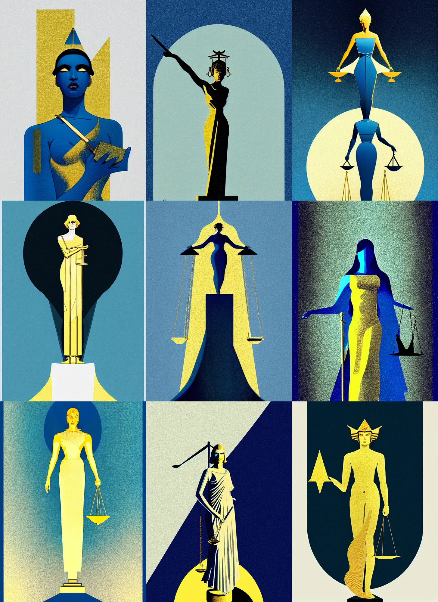 Prompt: ( ( dither ) ), editorial illustration full body portrait statue of lady justice, modern art deco, white + blue + gold + black, ( ( mads berg ) ), christopher balaskas, victo ngai, moebius, rich grainy texture, detailed, dynamic composition, wide angle, wood block pirnt