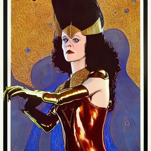 Image similar to portrait by joshua middleton of the young actress, sigourney weaver as ming the merciless, vamp, elegant, decadent, stylised comic art, klimt, mucha, 1 9 7 0 s poster,