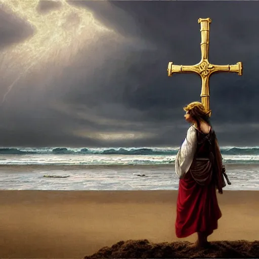 Image similar to a highly detailed tarot card of a large cross standing on the beach as a storm comes in with the tide, woman sitting in the sand watching the ocean, epic fantasy, god rays, rocky beach, ultrawide lense, aerial photography, unreal engine, exquisite detail, 8 k, art by albert bierstadt and greg rutkowski and thomas moran and alphonse mucha