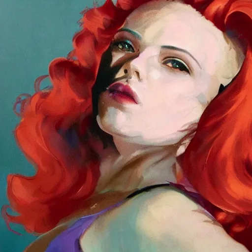 Image similar to greg manchess portrait of scarlett johansson as thick very muscular gothic weightlifter zarya from overwatch with red hair and black lipstick, fantasy medium shot, asymmetrical, profile picture, organic painting, sunny day, matte painting, bold shapes, hard edges, street art, trending on artstation, by huang guangjian and gil elvgren and sachin teng