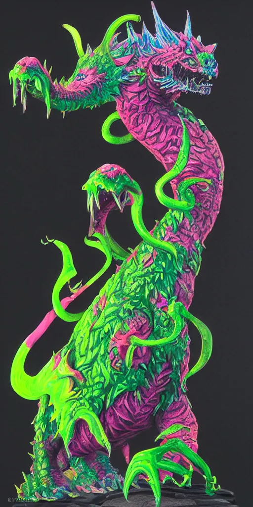 Image similar to a kaiju figurine super detailed acrylic painting with fluo colors