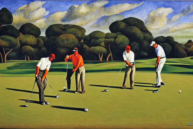 Image similar to Three golfers on a beautiful golf course driving range, by Diego Rivera