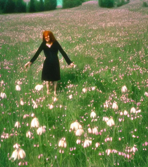 Image similar to encounter with satan in beautiful meadow of flowers, film photo from 1970s, grainy, high detail, high resolution